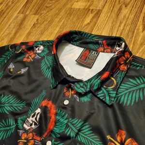 OAF Nation Shirt Men XL Black Skull Hawaiian Floral Skull Button Up Beach